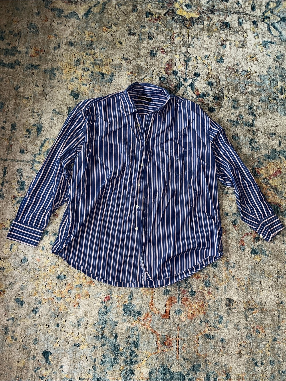 Nautica Blue White Stripe Long-Sleeve Button-Down Shirt